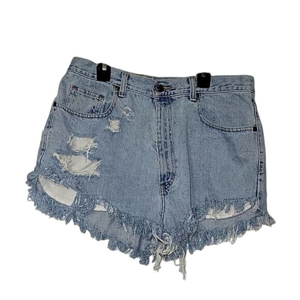 Eddie Bauer Denim Shorts Distressed Frayed Blue Jean Cut Off Size 14 beach cozy